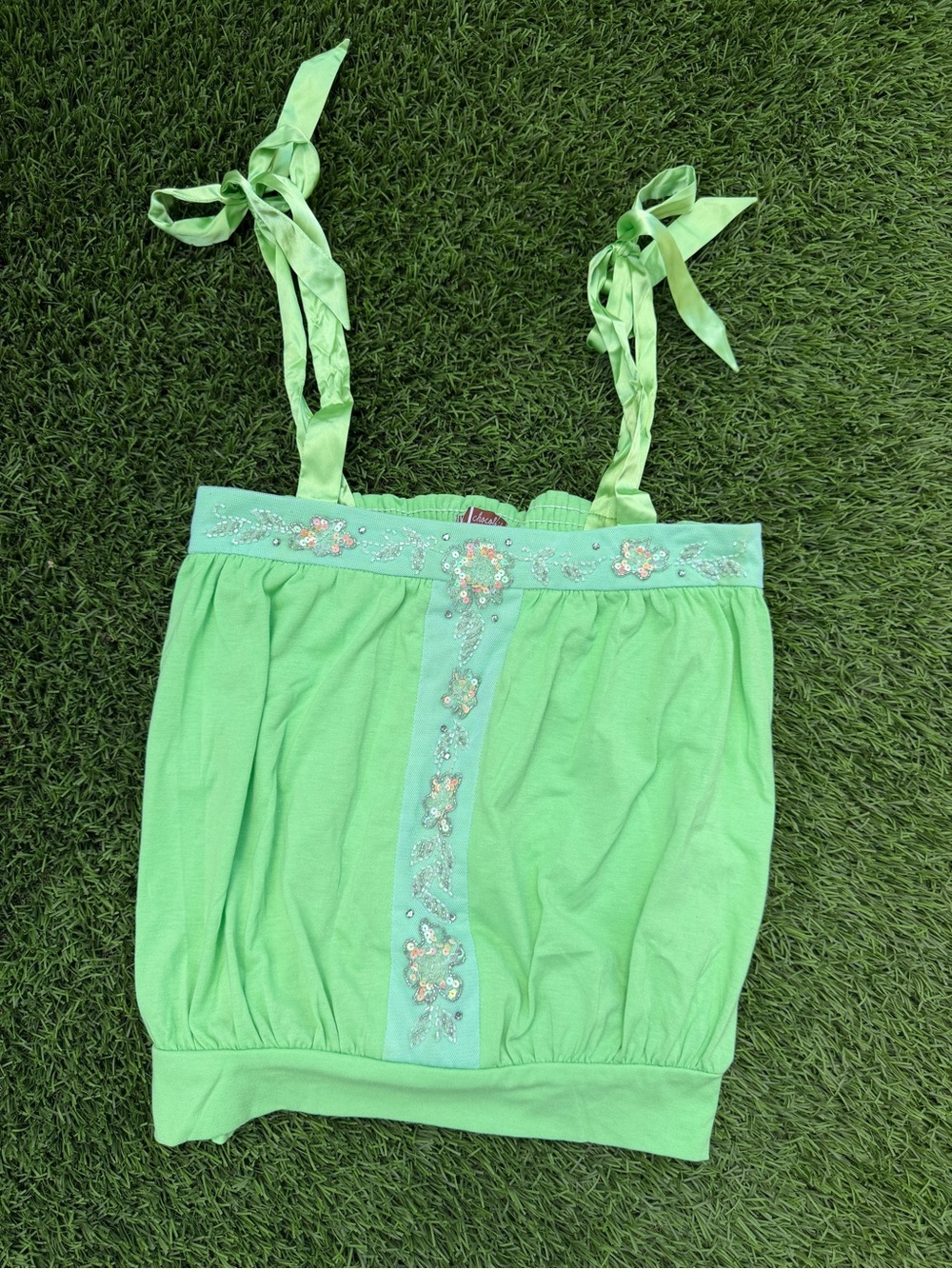 Girls' Green Embellished Tie-Strap Tank Top